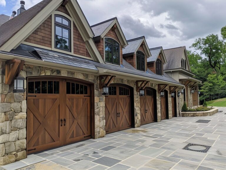 A traditional stone house with multiple wooden garage doors, set against a cloudy sky and surrounded by greenery.