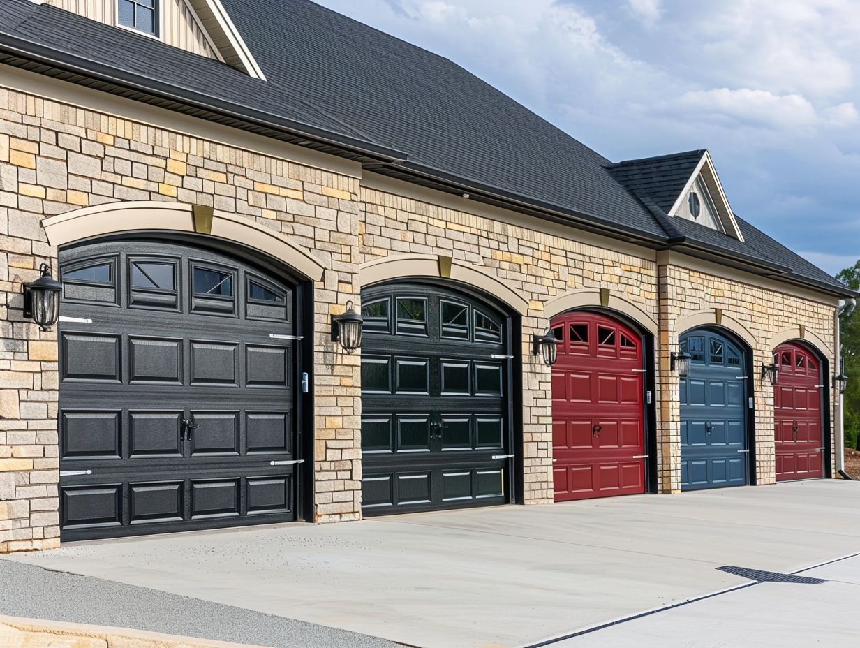 A row of garage doors in black, dark green, red, and blue, set against a stone building on a cloudy day.