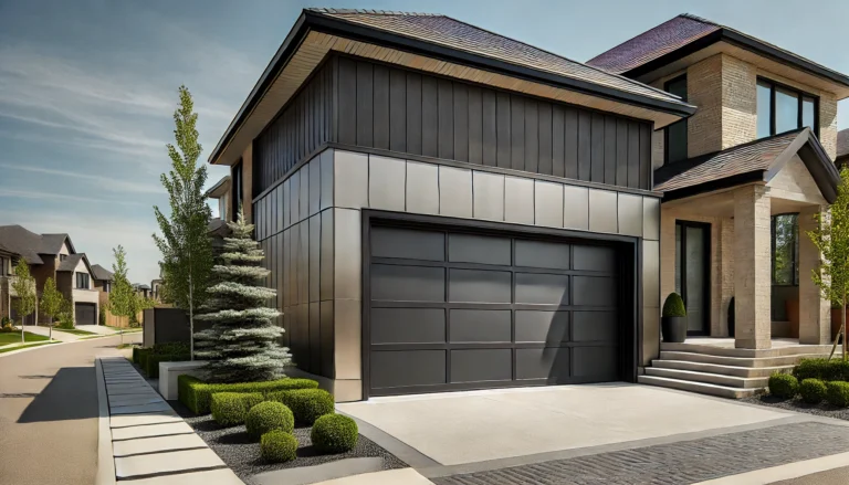 Modern steel garage door with a smooth finish and vertical panels, complementing the clean architectural lines of a contemporary house.