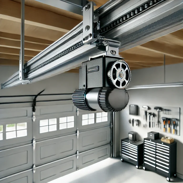 A modern garage door opener with a sleek, compact design and metal casing, installed on the ceiling of a well-equipped garage with organized tools and storage.