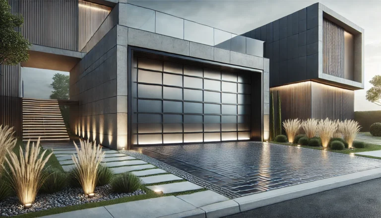 A contemporary house with a sleek garage door made of large, seamless dark-tinted glass panels, illuminated by modern landscaping lights and framed by brushed metal.