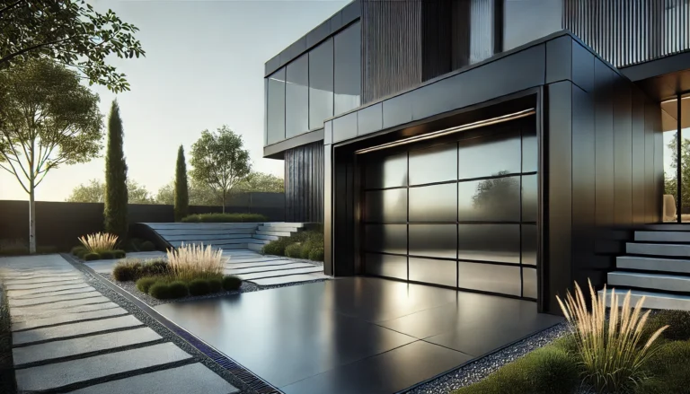 A modern house with a sleek black glass garage door featuring horizontal glass panels, minimalist frame, and a seamless reflective surface, surrounded by clean, landscaped pathways and greenery.