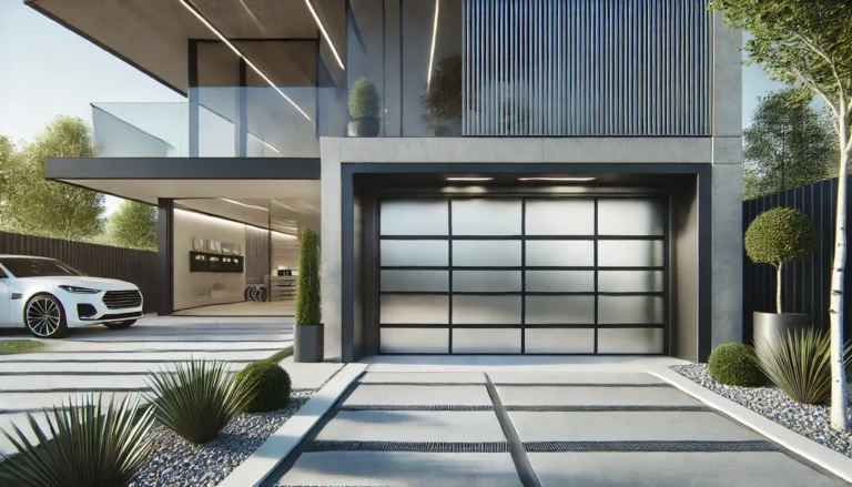 A contemporary house with a sleek garage door featuring horizontal lines and high-quality brushed aluminum.