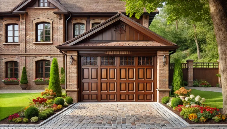 A traditional house with a classic brown wooden garage door, surrounded by vibrant flowers and lush greenery.