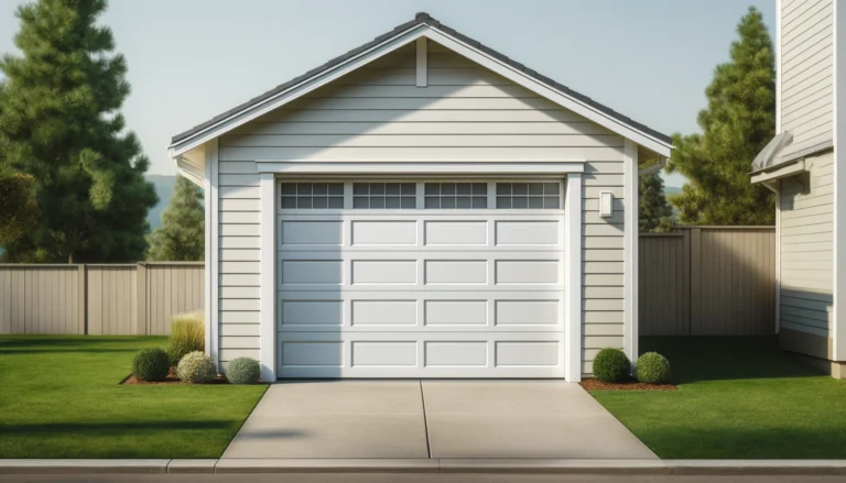 A simple white garage door with horizontal panels, framed by a tidy lawn and fence.