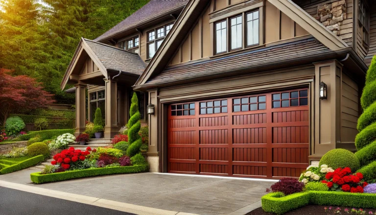 A traditional house with a rich red wooden garage door, surrounded by vibrant, well-maintained landscaping.