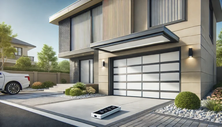 A modern house with a sleek white garage door featuring horizontal panels and a remote control on the driveway.