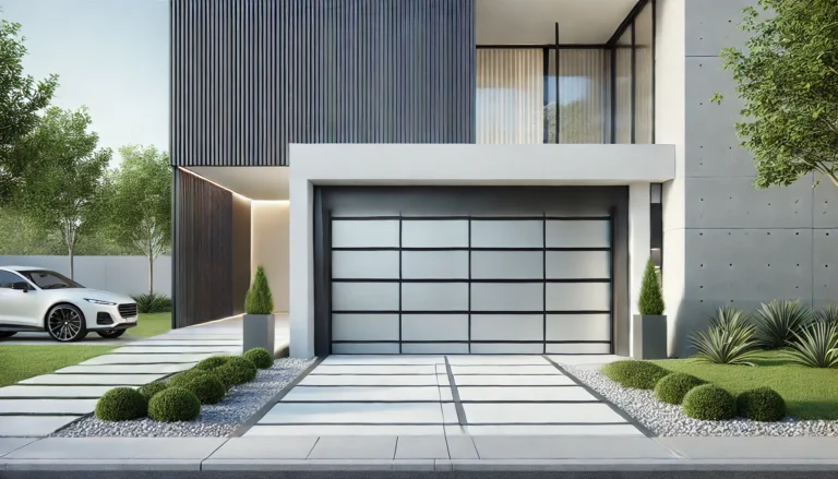 A modern house with a sleek garage door featuring horizontal lines, surrounded by minimalist landscaping and a white car parked outside.