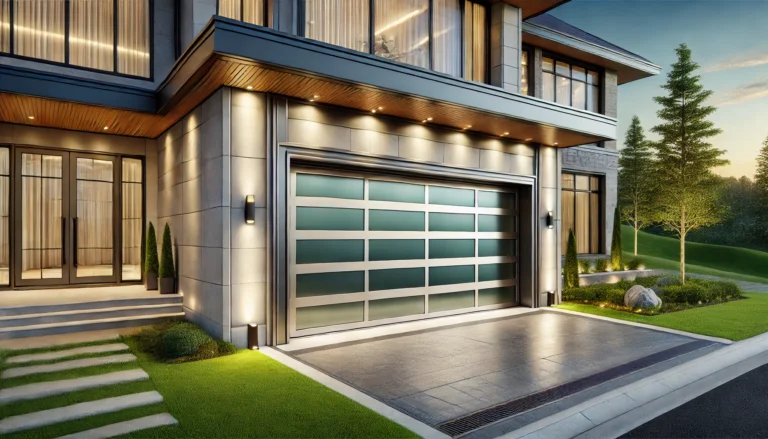 A modern house with a high-quality, brushed aluminum garage door, surrounded by elegant landscaping and well-placed lighting.