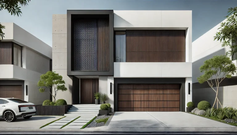 Contemporary house with clean lines, large windows, and a wooden garage door.