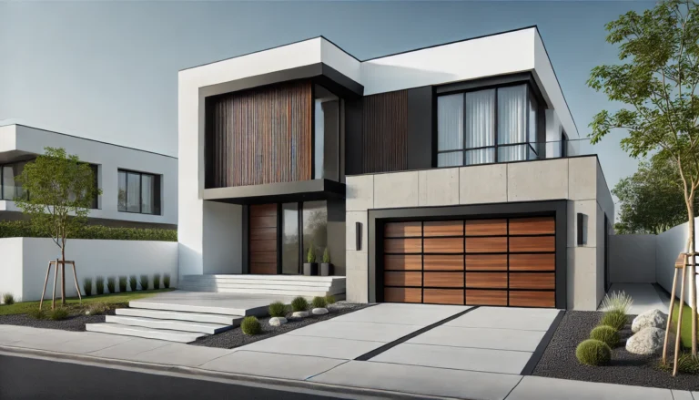 Modern house with minimalist design, large windows, and a wooden garage door.
