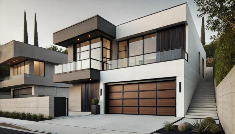 Modern house with a sleek, minimalist design and large windows, featuring a wooden garage door.