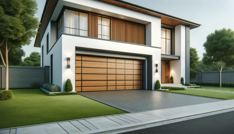 Modern house with a garage door featuring horizontal wooden panels and large clear glass windows.