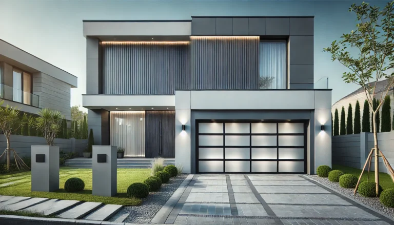 Modern house with a dark metal garage door featuring horizontal lines and frosted glass panels.