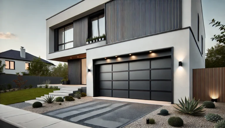 Modern house with a matte black garage door featuring vertical slats and small rectangular windows.