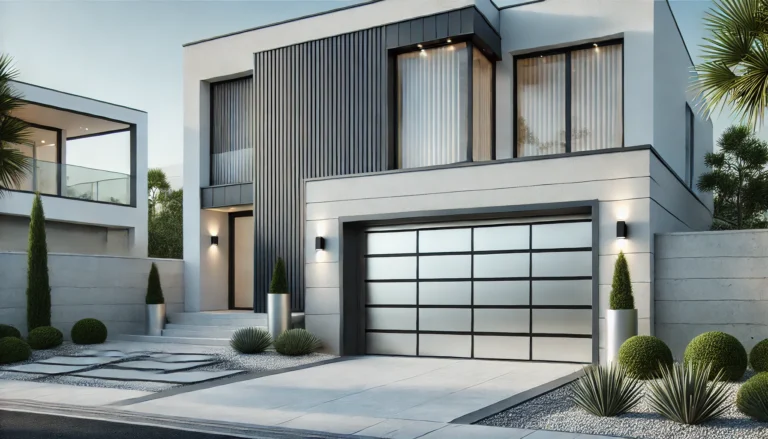 Modern house with a polished aluminum garage door featuring horizontal panels and frosted glass windows.