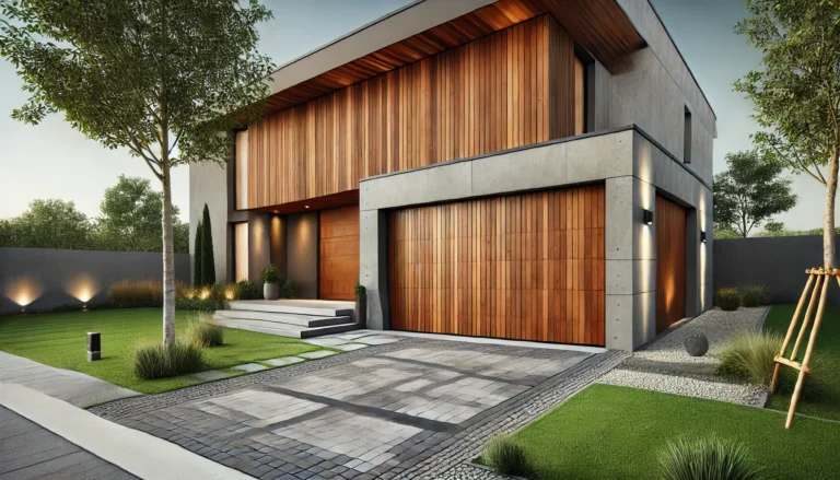 The-garage-door-is-designed-with-vertical-panels-of-rich-natural-wood.