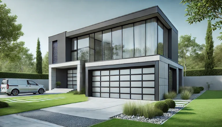 Modern house with glass and steel garage door, sleek design, and expansive windows.