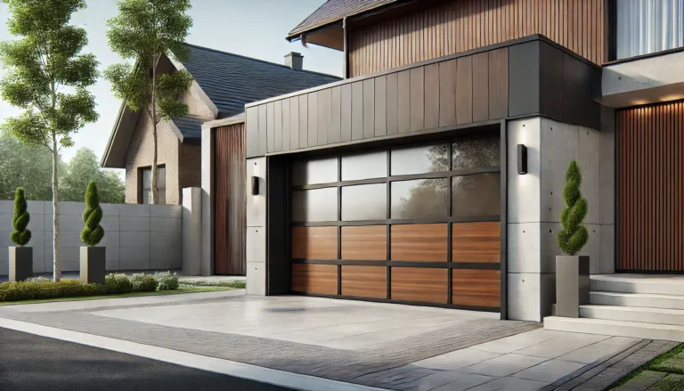 Modern garage door with a sleek, minimalistic design and wood accents.