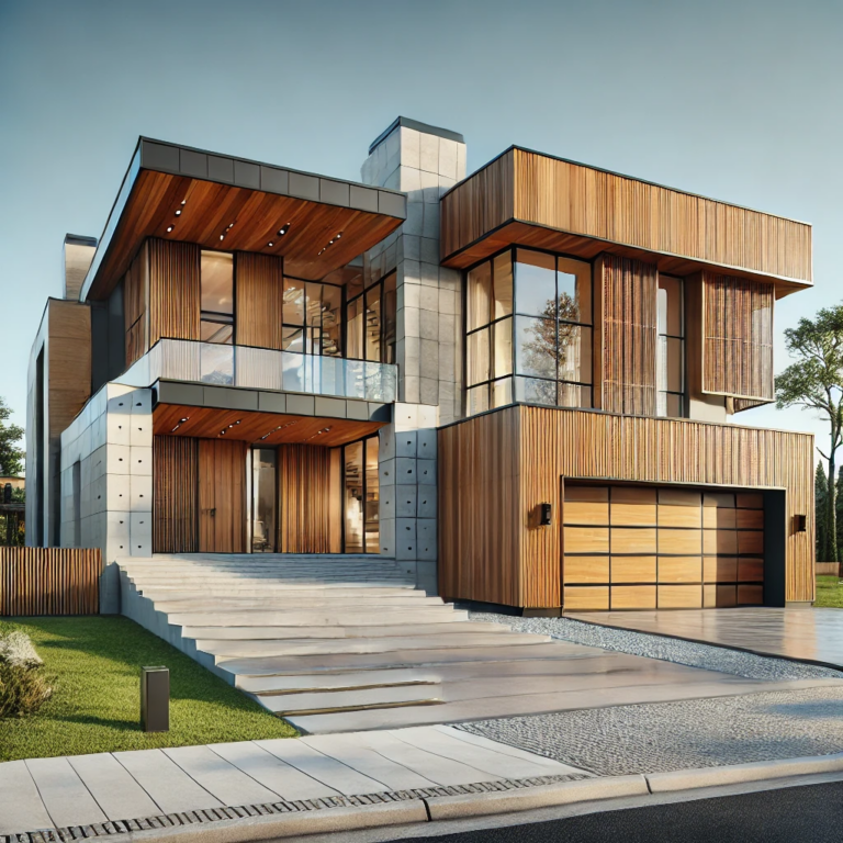 Modern luxury home featuring a wood-paneled garage door and expansive windows.