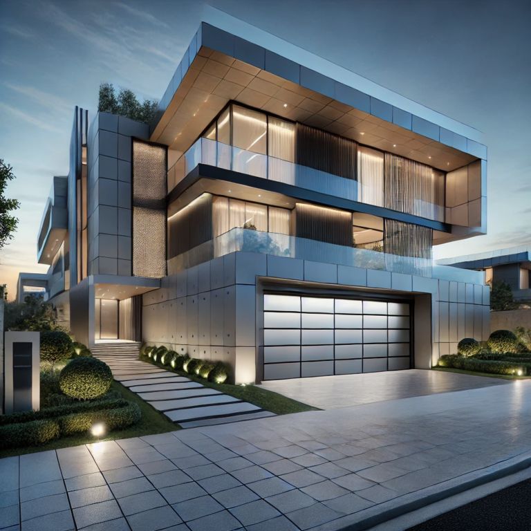 Modern luxury home with a sleek glass-paneled garage door at dusk.