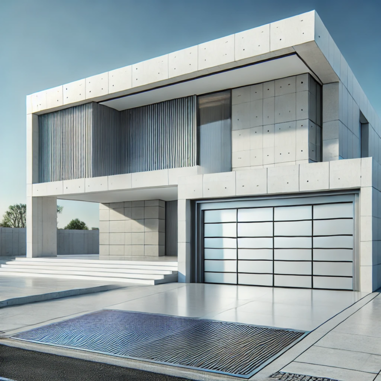 Minimalist modern home with a glass-paneled garage door and clean architectural lines.