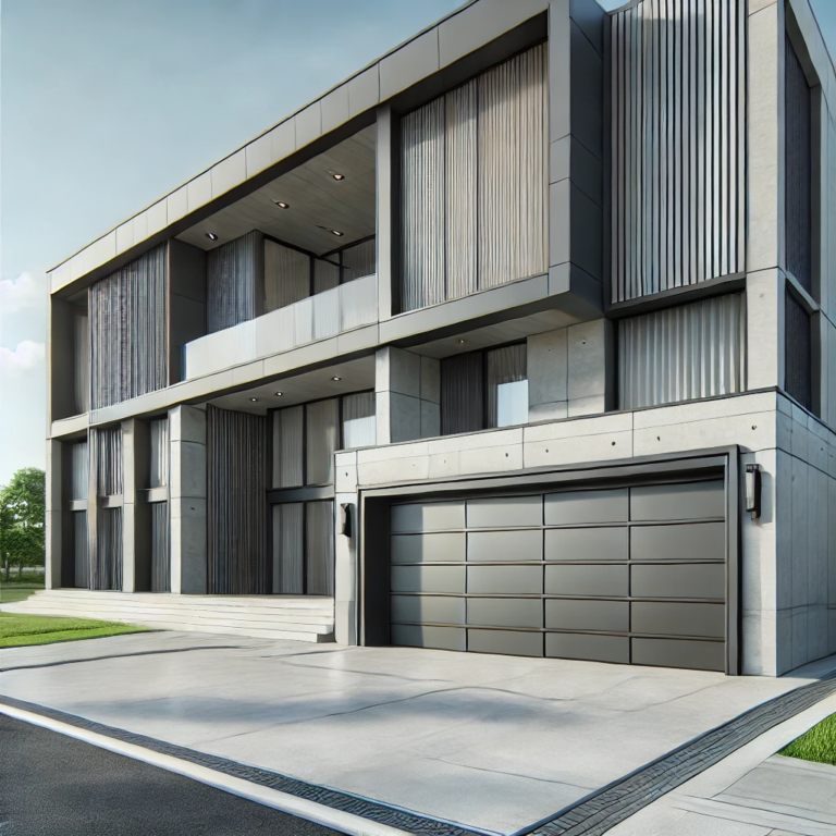 Contemporary home with a sleek metal-paneled garage door and minimalist architectural design.