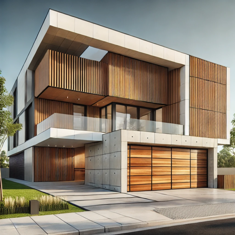 Modern home with wood-accented facade and a matching wood-paneled garage door.