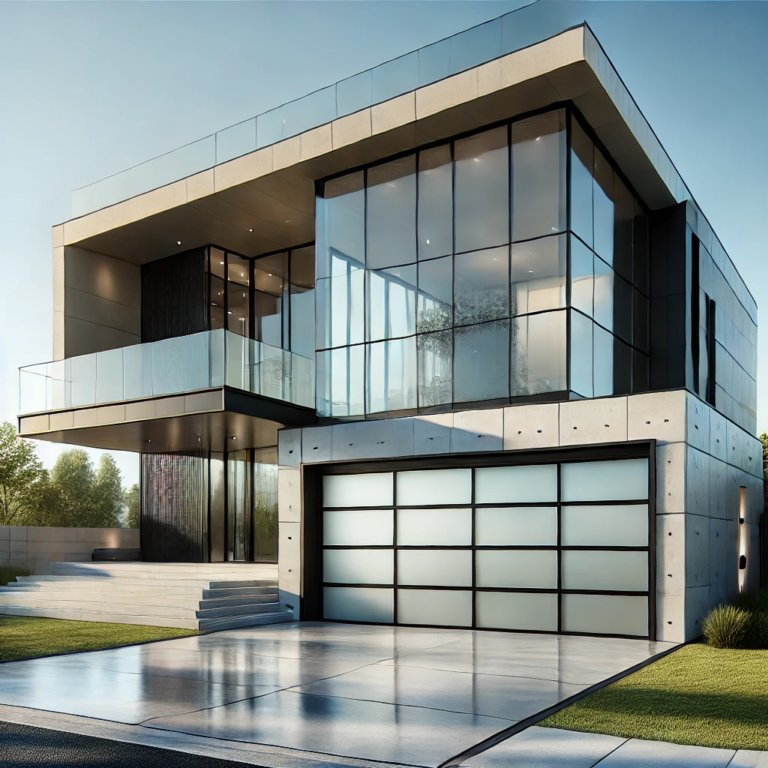 Sleek modern home with expansive glass windows and a frosted glass-paneled garage door.