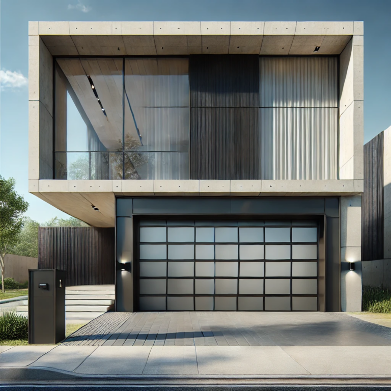 Modern cubic home with a glass-paneled garage door and sleek architectural design.