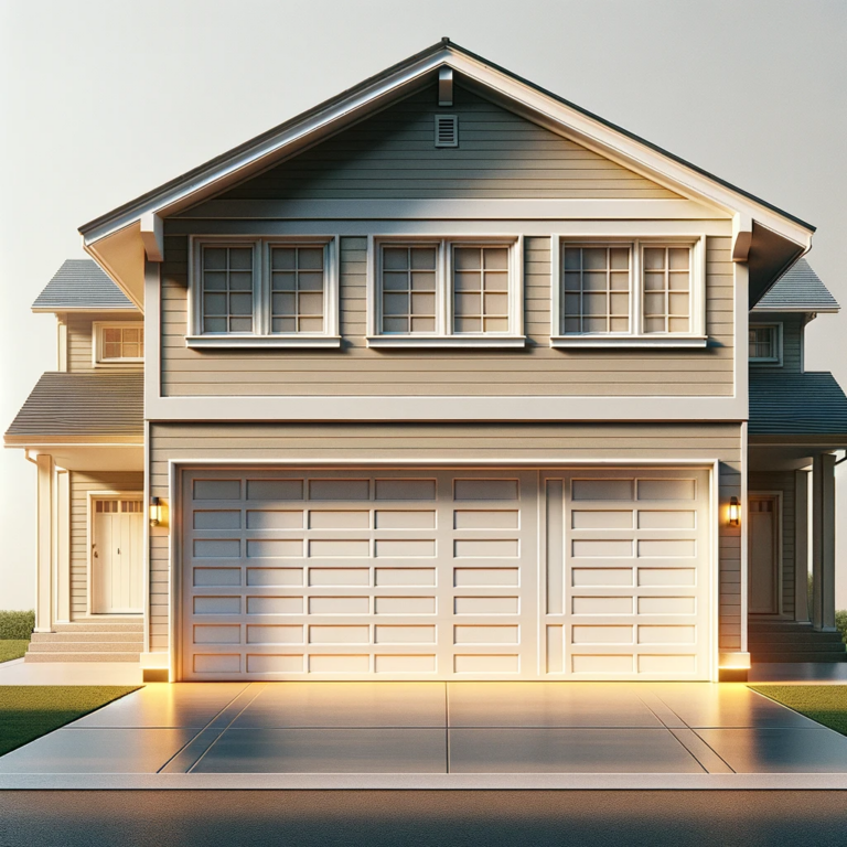 Traditional two-story home with a classic white garage door illuminated by soft exterior lighting.