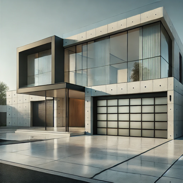 Contemporary home with a large glass-paneled garage door and minimalist design.