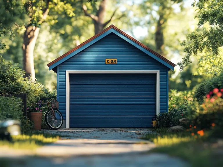 Charming blue garage in a lush green setting. Why eco-friendly garage doors are the future of home design.