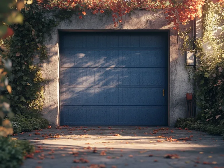 Blue garage door surrounded by autumn leaves, offering tips to extend the life of your garage door opener battery.