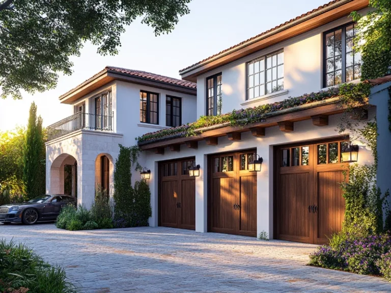 Elegant home with wooden garage doors and Raynor Homelink Integration for added convenience.