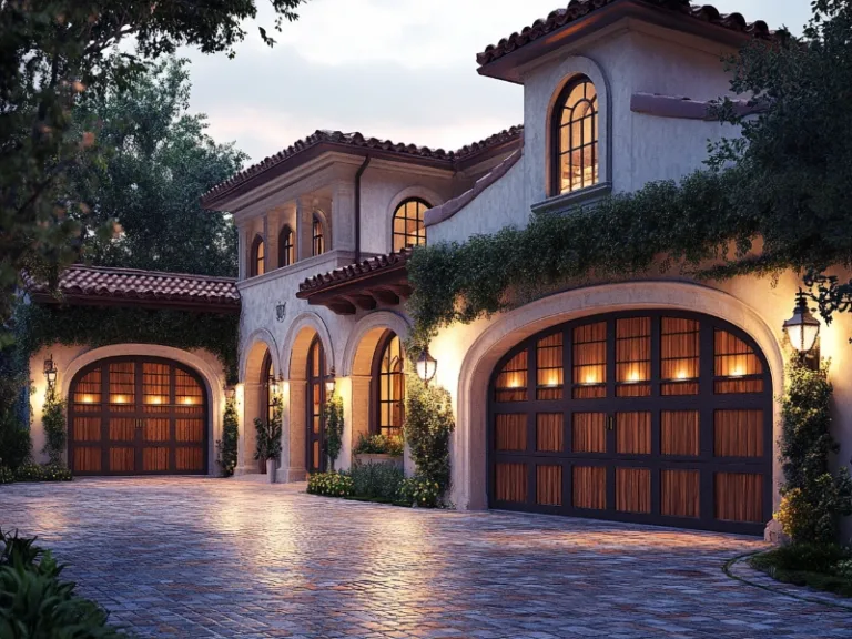 Elegant home with custom wood garage doors, showcasing timeless beauty.