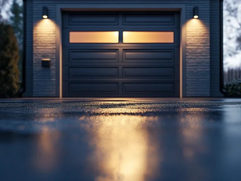 Modern garage door illuminated in the evening, showing how to program your Liftmaster garage door opener.