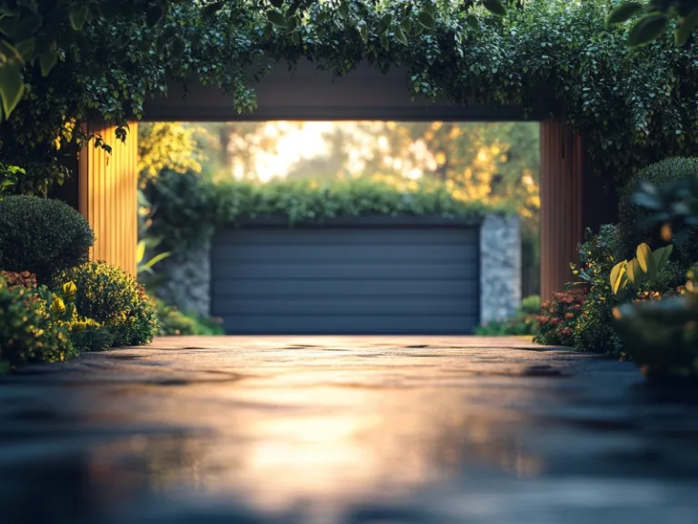 Lush, greenery-covered driveway leading to a modern garage, providing advice on what to do when your garage door won't open in Wayne, PA.