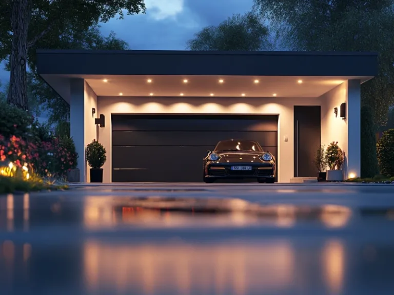 How To Properly Lubricate Your Garage Door In Bala Cynwyd, PA by keeping your modern, sleek garage door, like the one shown with warm lighting, running smoothly with proper lubrication.