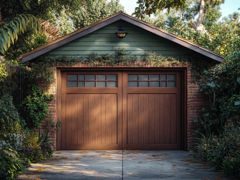 Cozy garage with wooden doors and brick accents, offering ideas to bring rustic charm to your home.