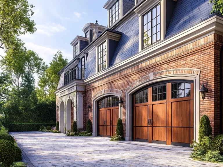 Beautiful modern wood garage doors with arched windows in Bala Cynwyd, PA, on a charming brick home.