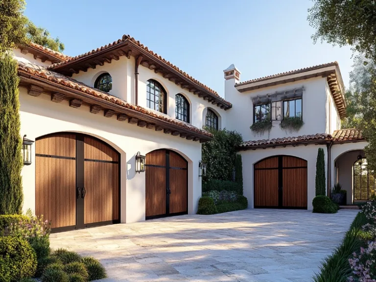 Mediterranean-style house with arched wooden garage doors and lush greenery, showing when and how to replace your garage door motor