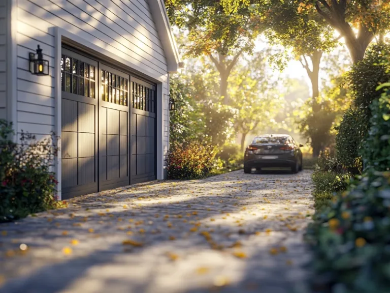 Sunlit driveway leading to a garage with a modern door, showing how to reset your garage door opener keypad quickly.