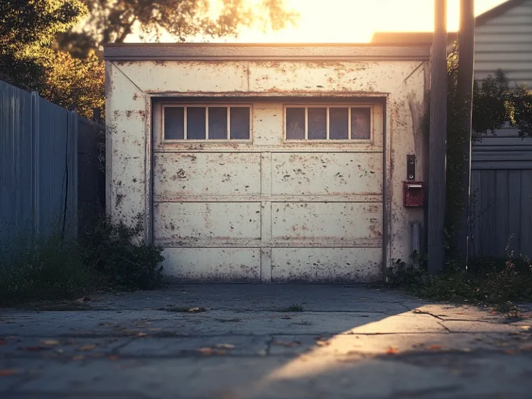 Weathered garage door at sunset, symbolizing where to find replacement parts for your garage door opener.