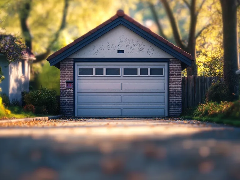 Suburban garage with a modern door, featuring a guide to different battery types for garage door openers.