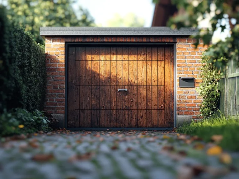 Brick garage with a wooden door, illustrating a step-by-step guide to replacing your garage door cable.