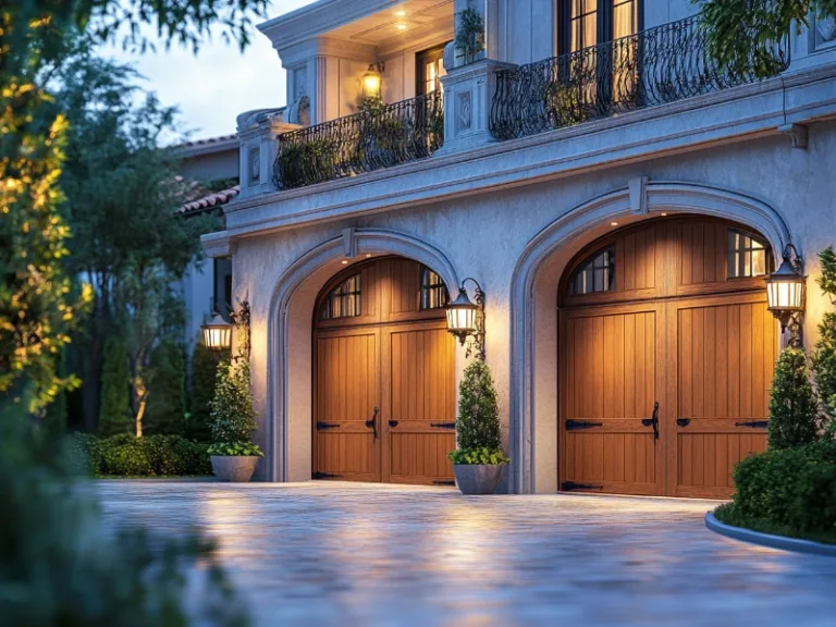 Elegant home with wooden garage doors, illustrating how to save money with an energy-efficient garage door opener