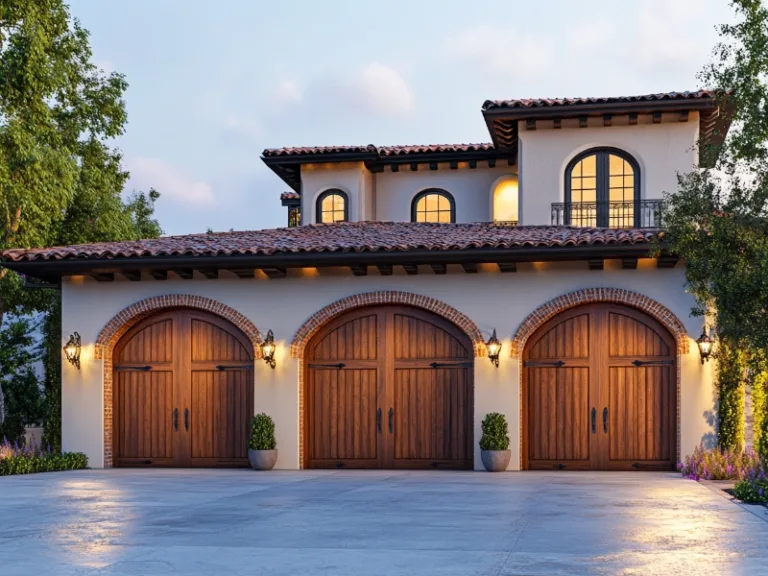 Modern suburban home with three white garage doors, brick accents, and well-maintained landscaping under a sunny sky.