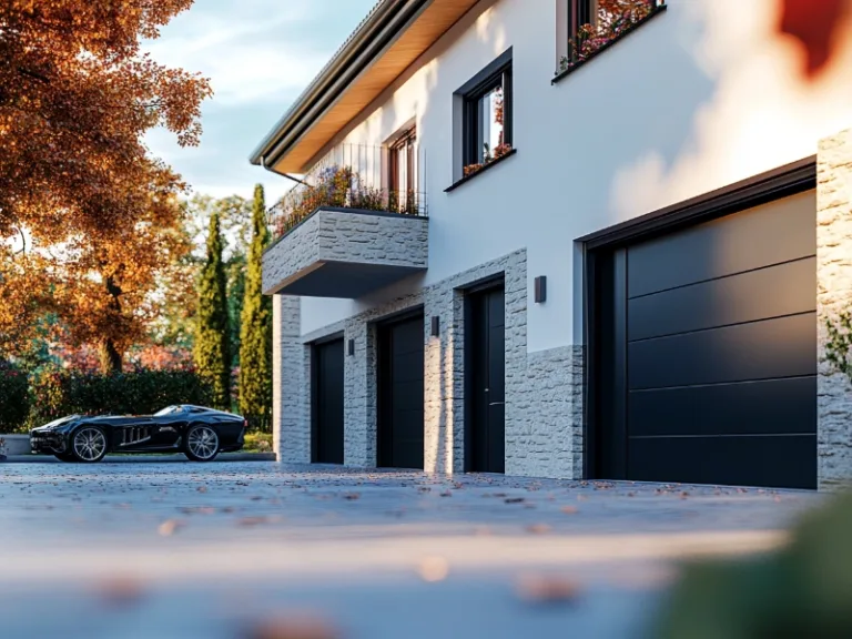 Modern home exterior with three black garage doors, set against a white and stone facade, surrounded by autumn foliage and a luxury car parked in the driveway.