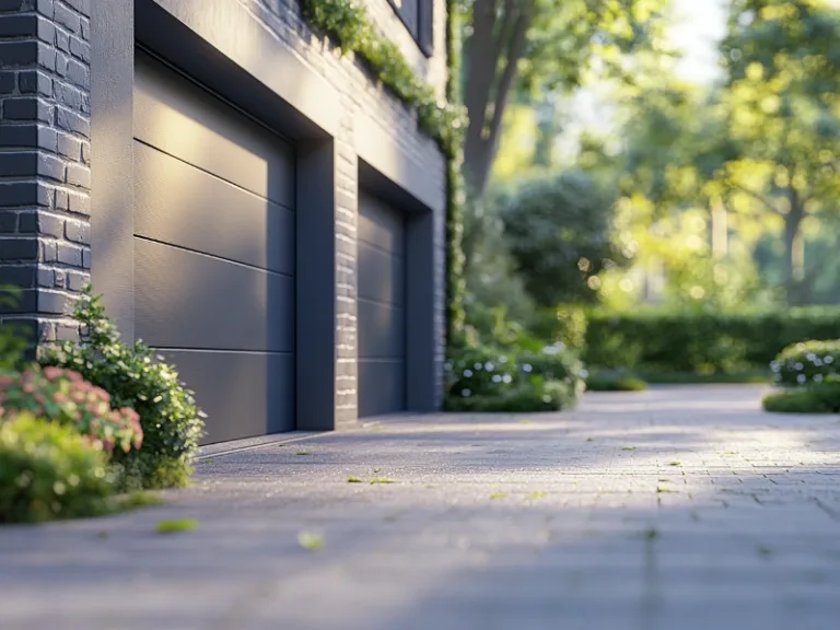 Close-up of modern black garage doors on a brick home, surrounded by lush greenery and bathed in soft morning light.